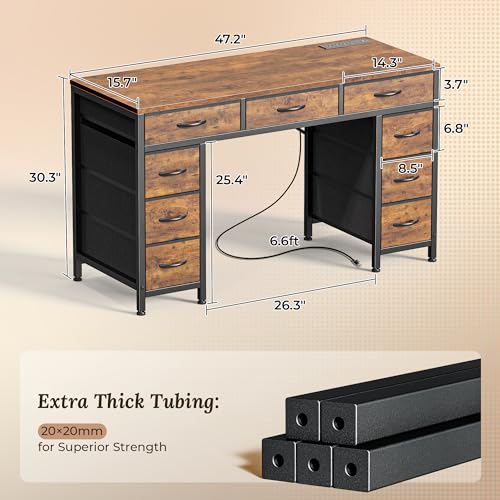 47 Inch Office Desk with Outlets and 9 Fabric Drawers S72028