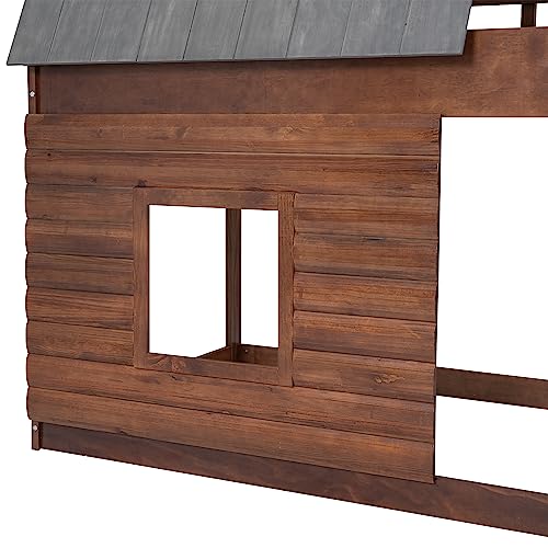 Oak & Smoky Grey Twin Over Twin Wood Bunk Bed with Roof and 2 Windows V40987