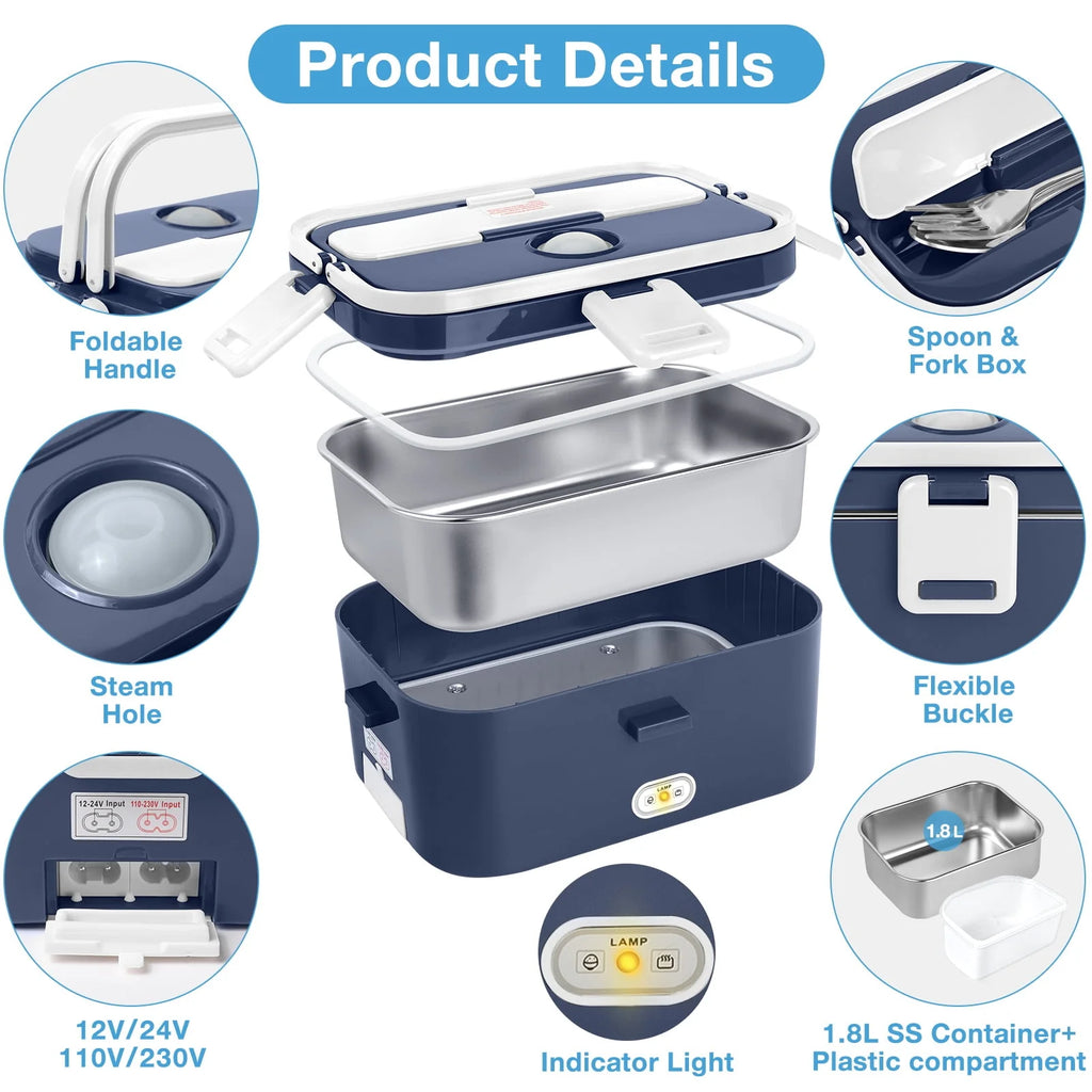Electric Lunch Box Food Heater 60W 1.8L Stainless Steel Container P913889