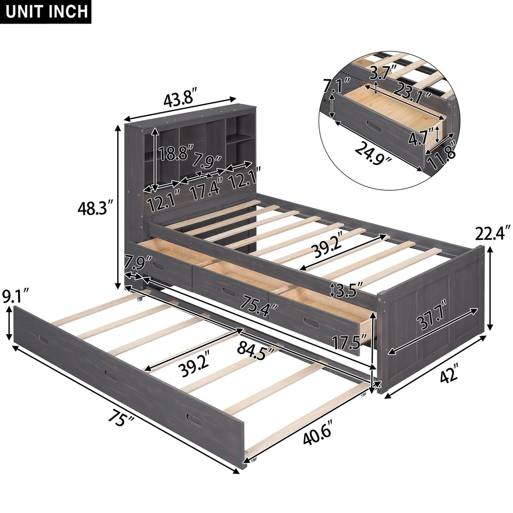 Twin Size Wood Platform Bed with Storage Headboard and Trundle V636762