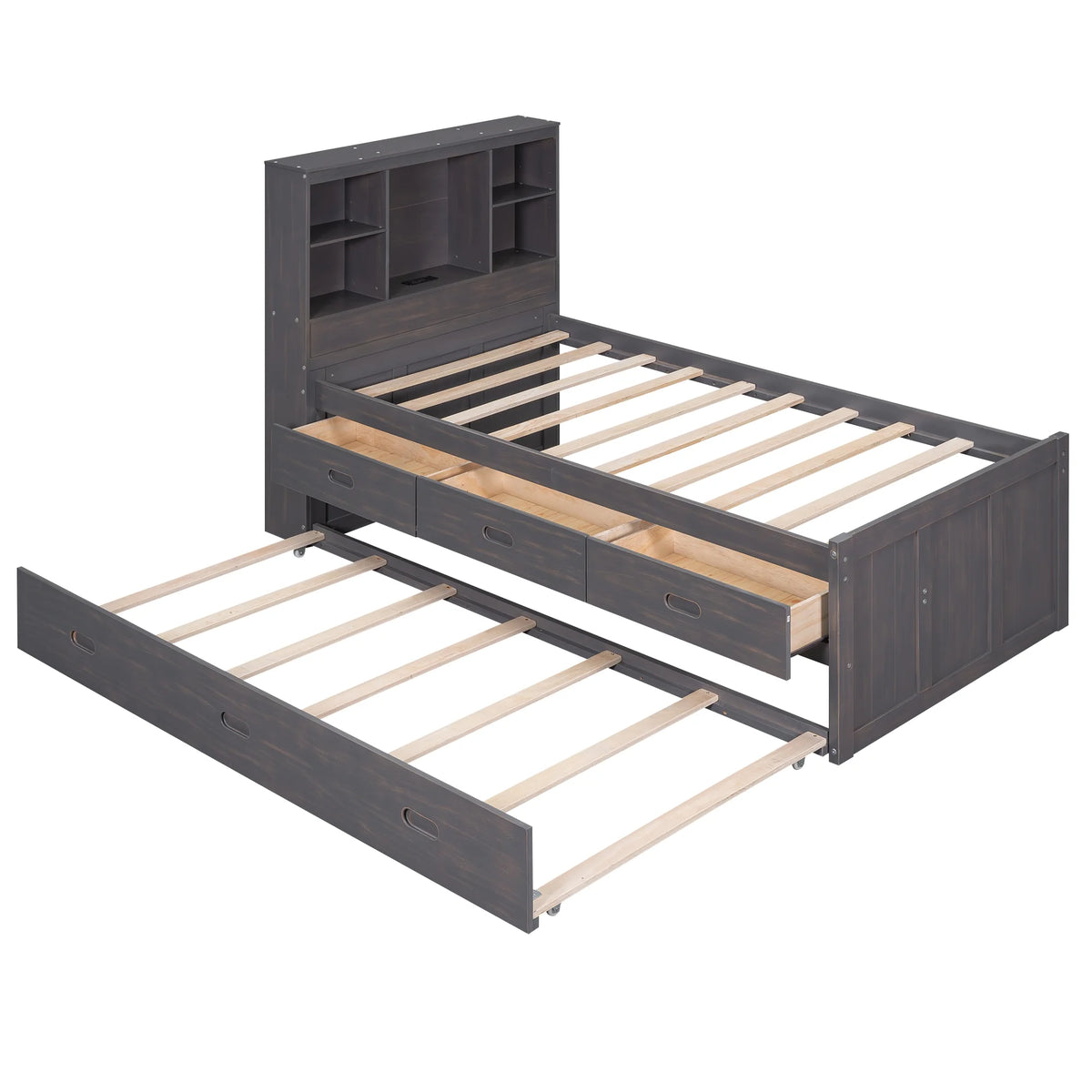Twin Size Wood Platform Bed with Storage Headboard and Trundle V636762