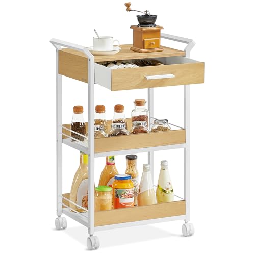4-Tier Rolling Utility Cart with Table Top, Handles, Lockable Casters, Top Drawer, Mesh Shelves, Rustic Brown and Ink Black G685513