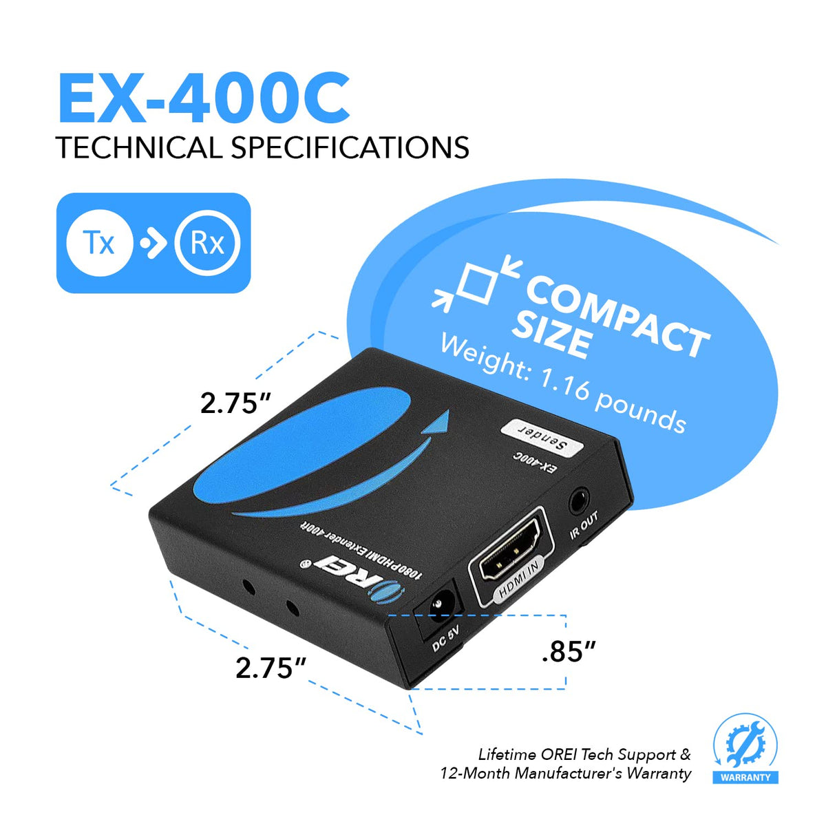 HDMI Extender Over LAN Single CAT5e/CAT6A/CAT7 Cable Uncompressed 1080p 60Hz Up to 400 Ft Transmitter and Receiver R60750