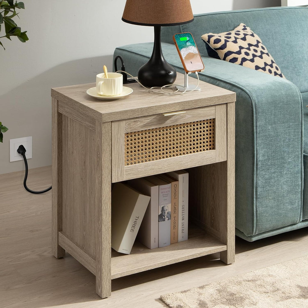 Farmhouse Nightstand with Charging Station Wood Drawer Accent Bedside Table with USB Ports Outlets End Table B359