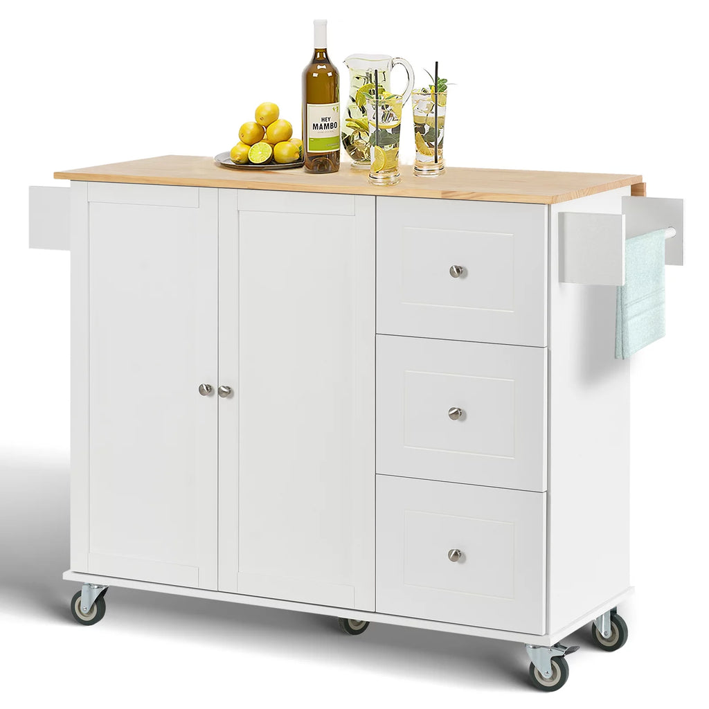 White Portable Kitchen Island with Drop Leaf and Storage R853
