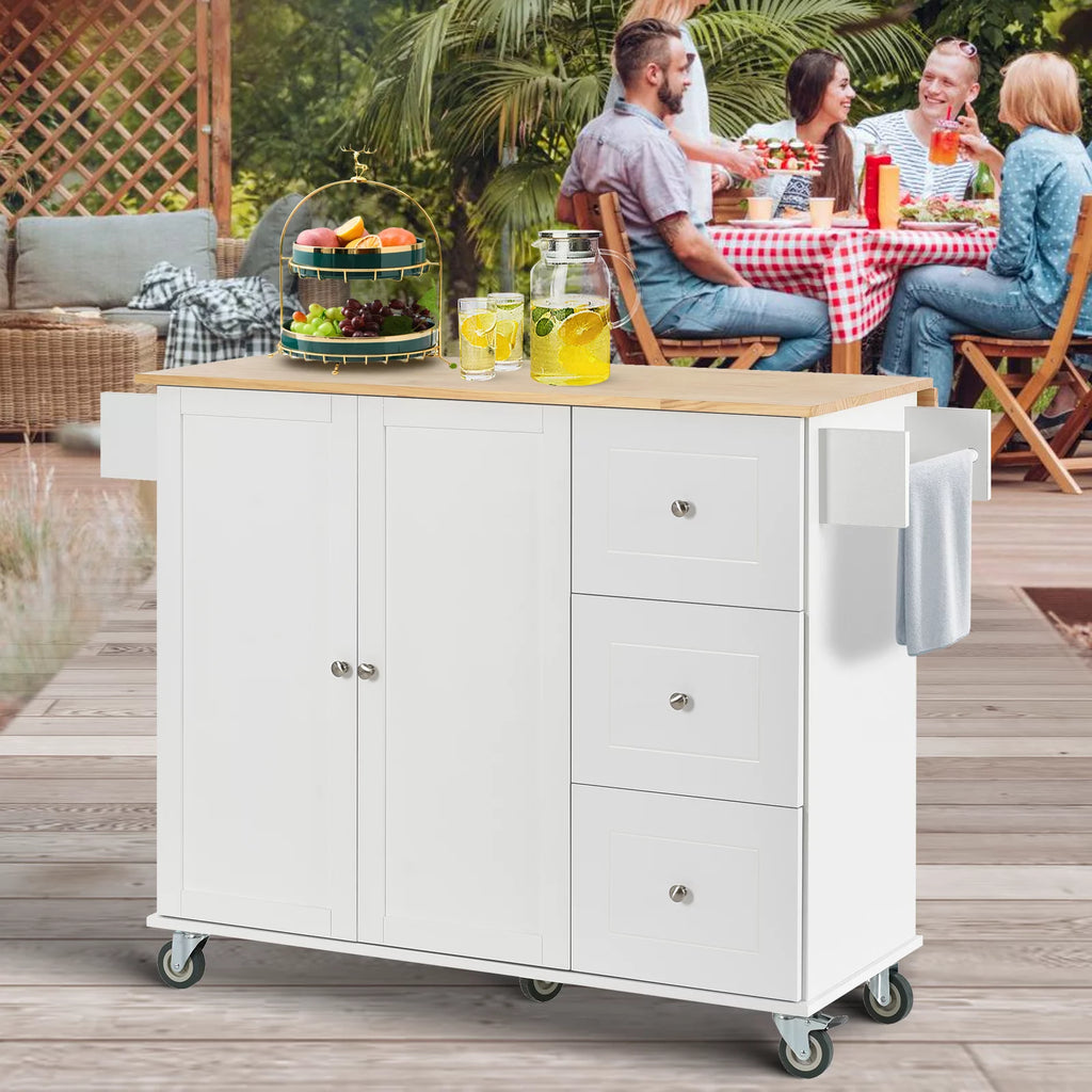 White Portable Kitchen Island with Drop Leaf and Storage R853