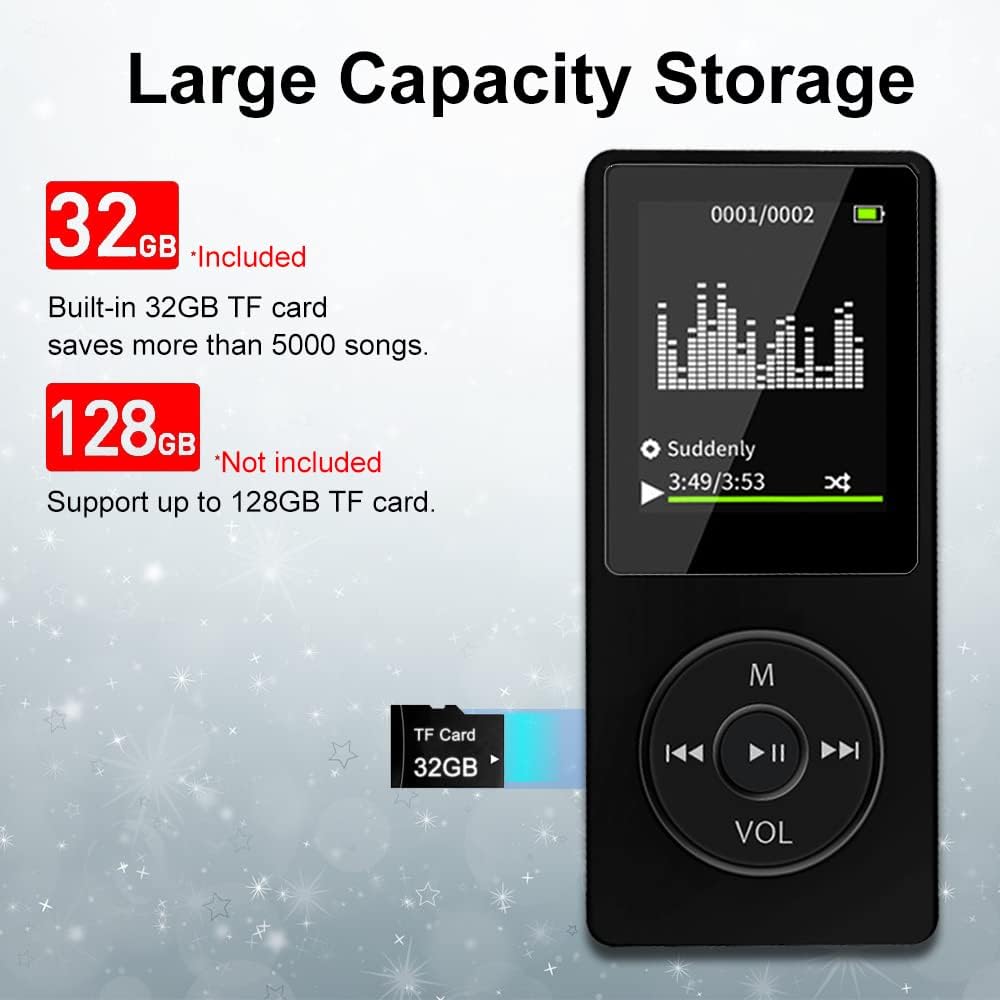 32GB Bluetooth MP3 Player with Speaker, FM Radio, Voice Recorder, Alarm Clock, Supports up to 128GB, Including Earphones B5766