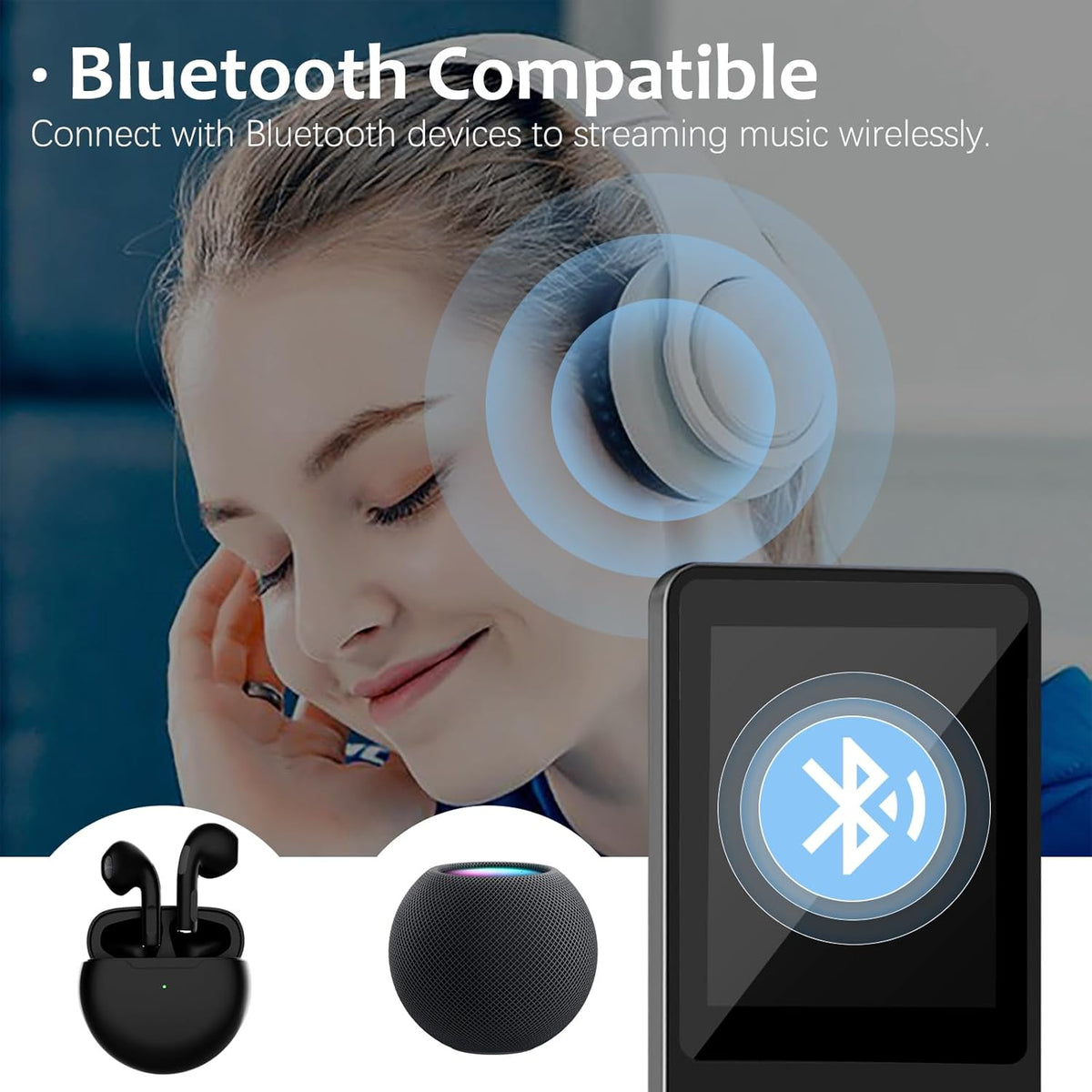 32GB Bluetooth MP3 Player with Speaker, FM Radio, Voice Recorder, Alarm Clock, Supports up to 128GB, Including Earphones B5766