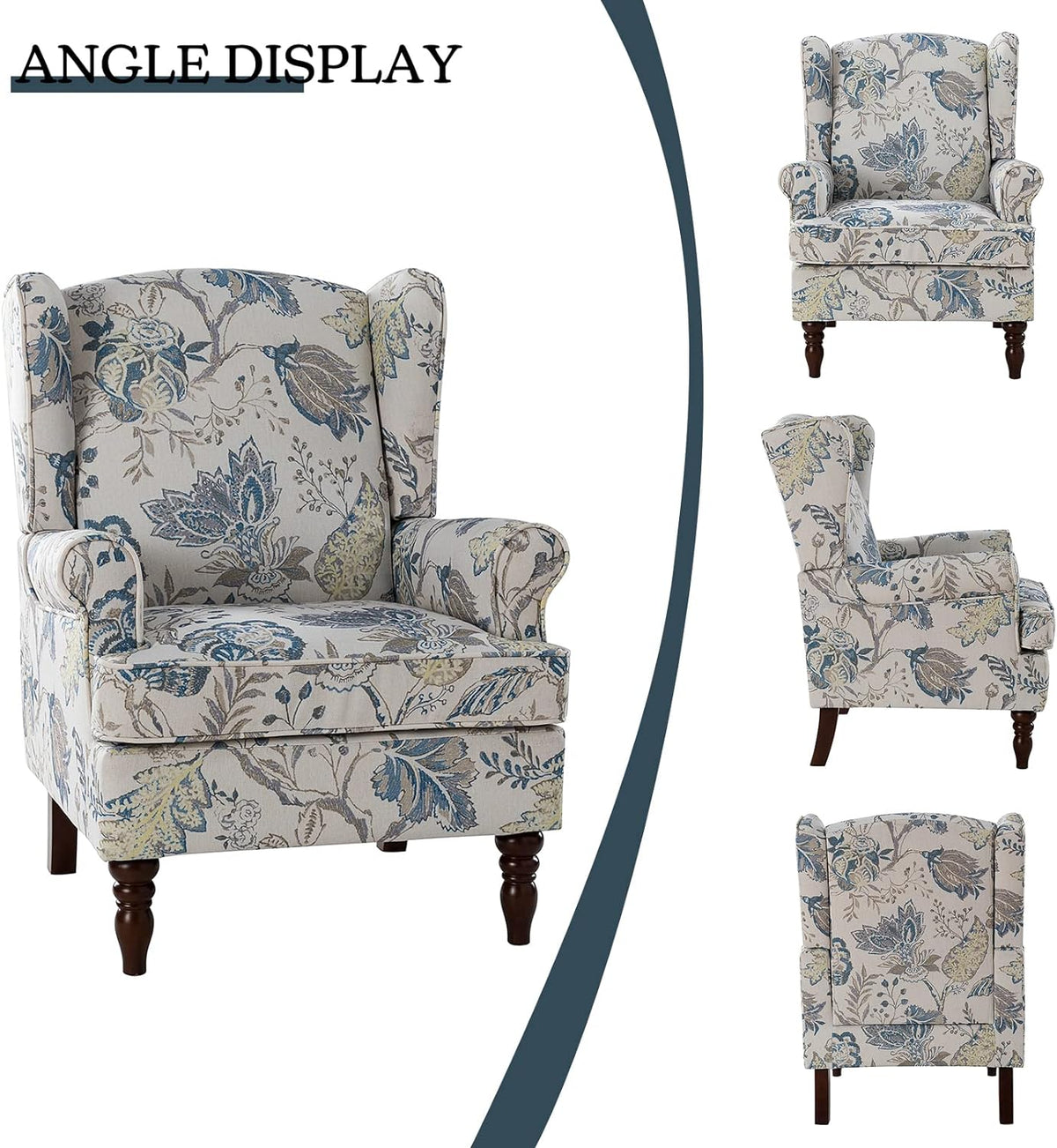 Wingback Accent Chairs Set Of 2 With Wood Legs Fabric Upholstered V489