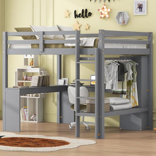 Full Size White Wood Loft Bed with Desk and Shelves P44192