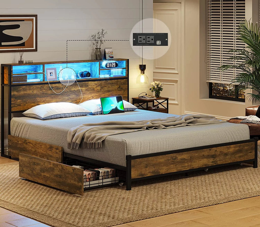 Rustic Brown Full Size Metal Platform Bed Frame with LED Headboard and USB Ports Z504032