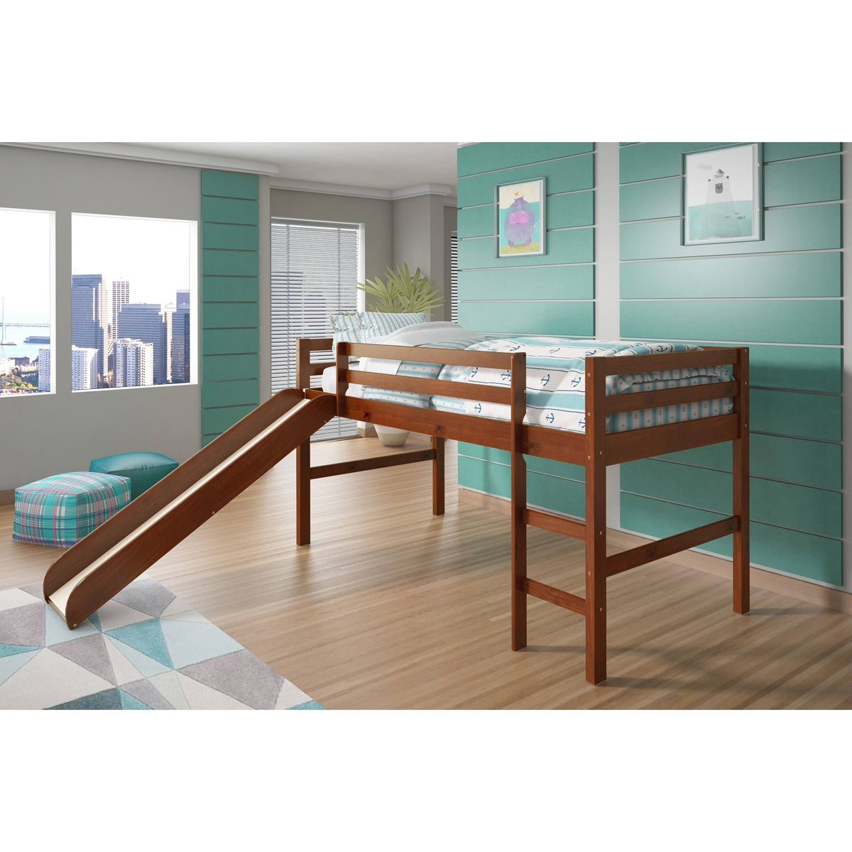 White Twin Loft Bed with Slide I391072