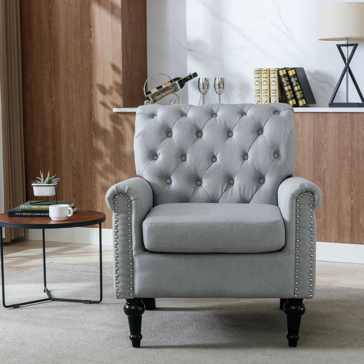 Light Gray Upholstered Tufted Accent Chair with Wood Legs L108338