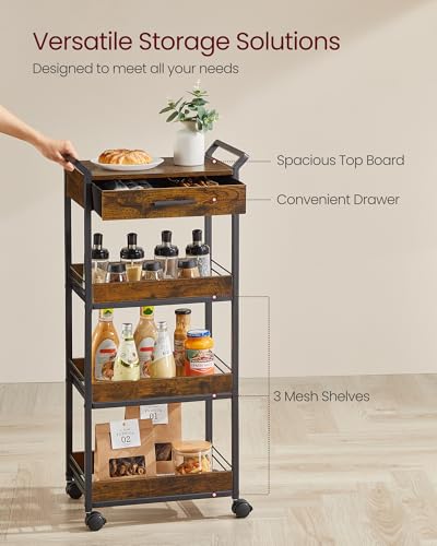 4-Tier Rolling Utility Cart with Table Top, Handles, Lockable Casters, Top Drawer, Mesh Shelves, Rustic Brown and Ink Black G685513