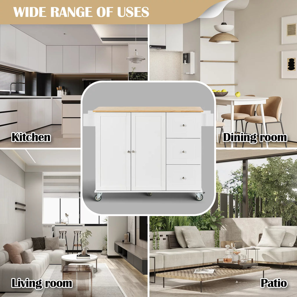 White Portable Kitchen Island with Drop Leaf and Storage R853