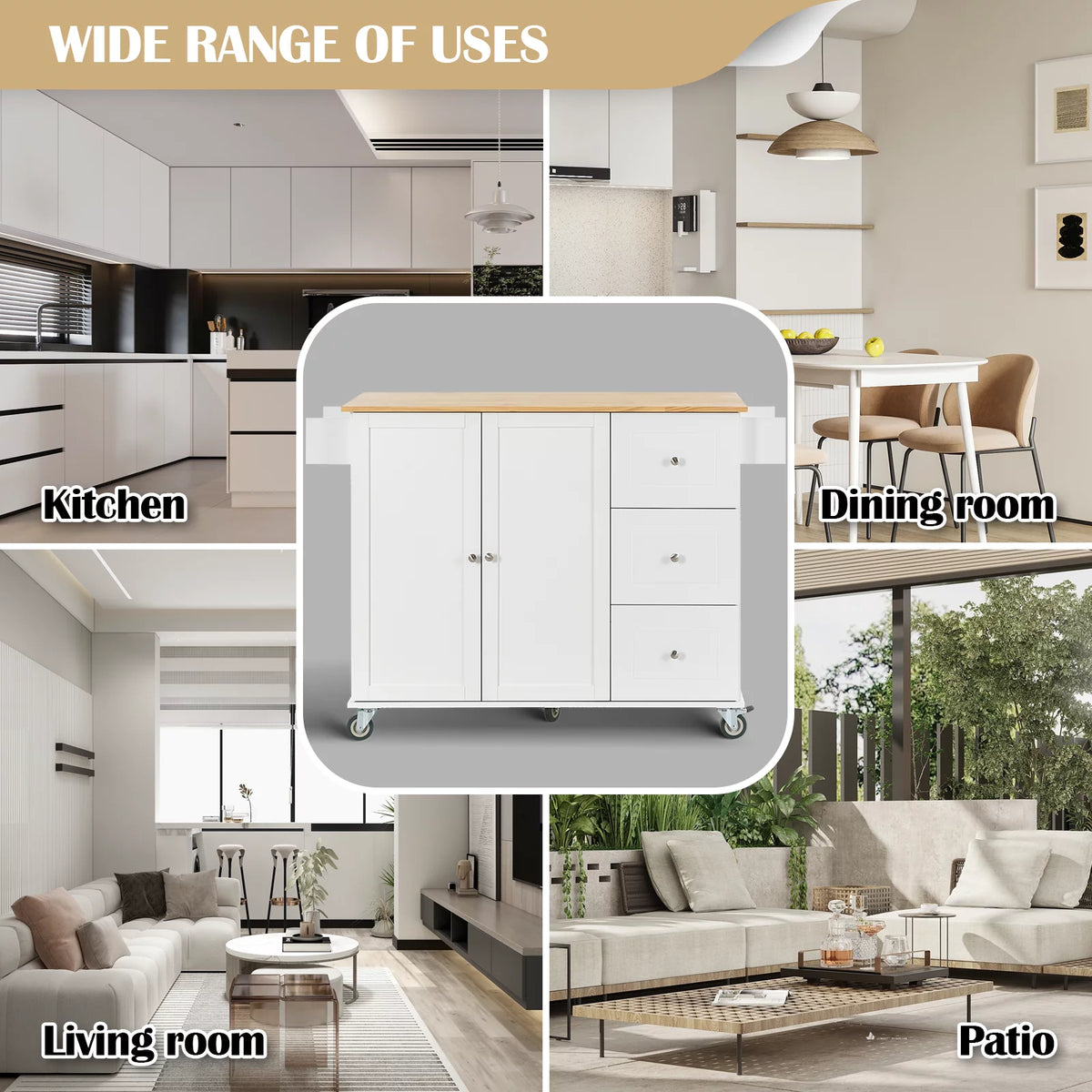 White Portable Kitchen Island with Drop Leaf and Storage R853