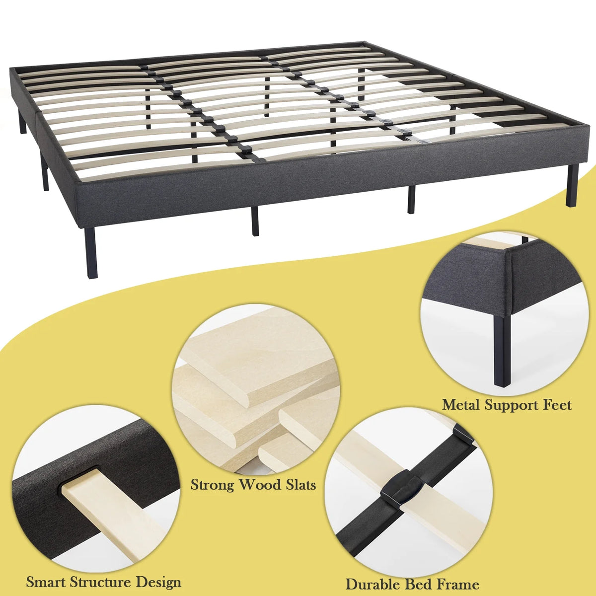 Grey King Size Upholstered Platform Bed Frame with Wood Slats C852569