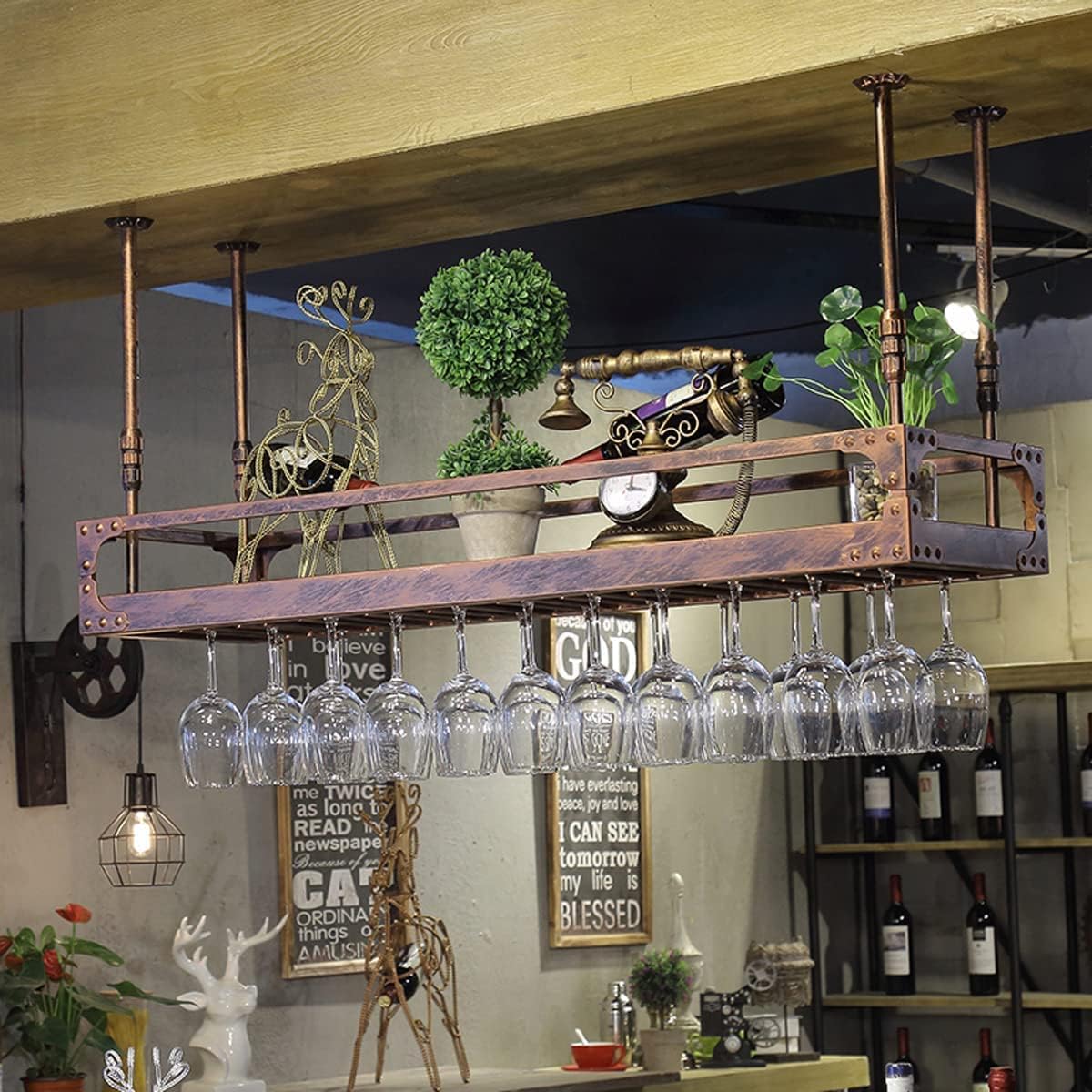 Coppery Bronze Metal Wall-Mounted Wine Glass Rack, 60x35cm U118