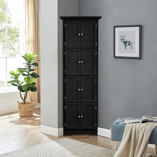Black Tall Corner Storage Cabinet with Doors and 4 Shelves J6559