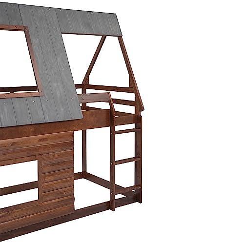 Oak & Smoky Grey Twin Over Twin Wood Bunk Bed with Roof and 2 Windows V40987