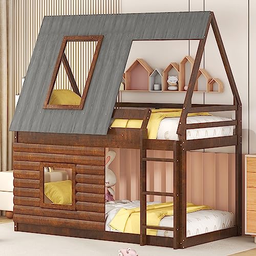Oak & Smoky Grey Twin Over Twin Wood Bunk Bed with Roof and 2 Windows V40987