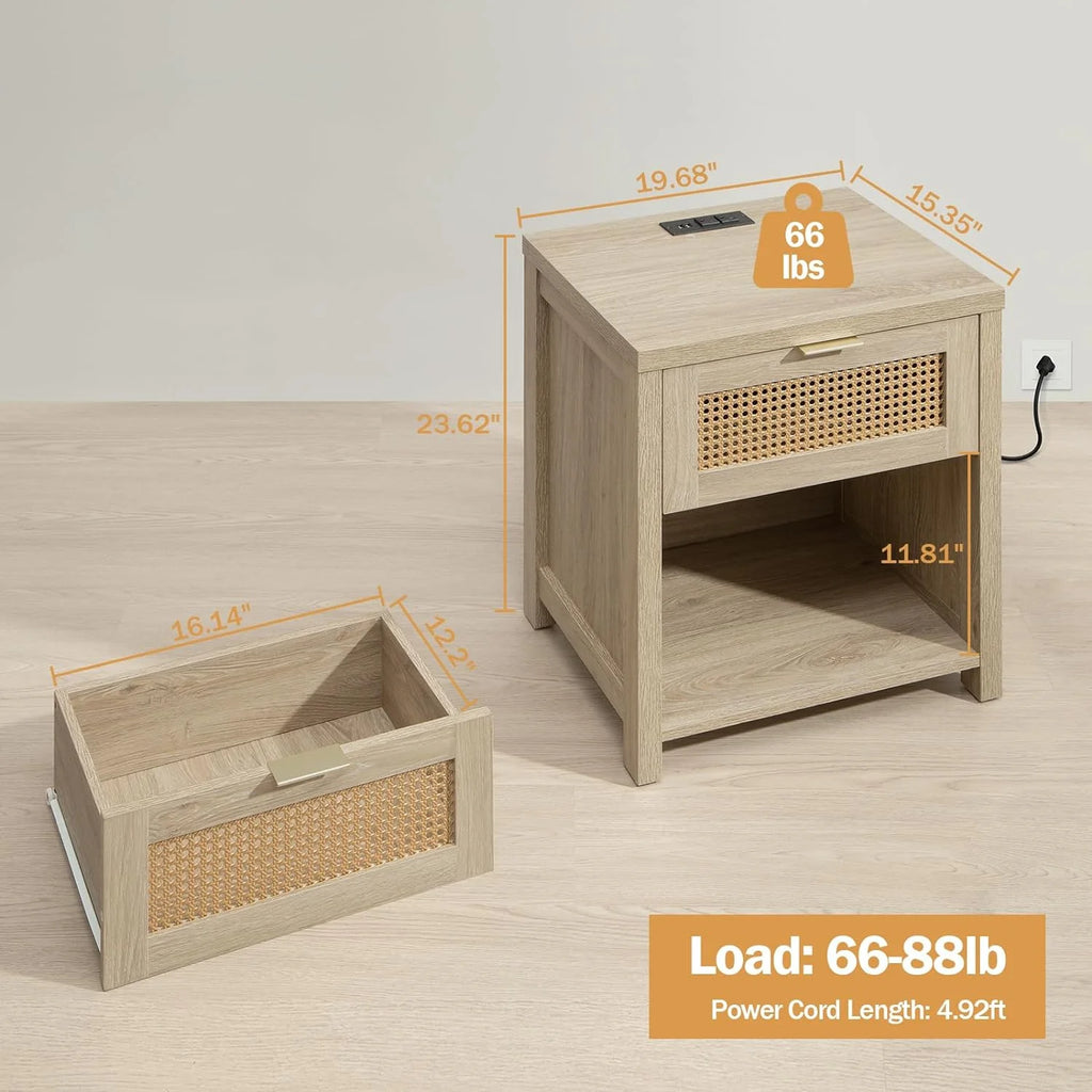Farmhouse Nightstand with Charging Station Wood Drawer Accent Bedside Table with USB Ports Outlets End Table B359