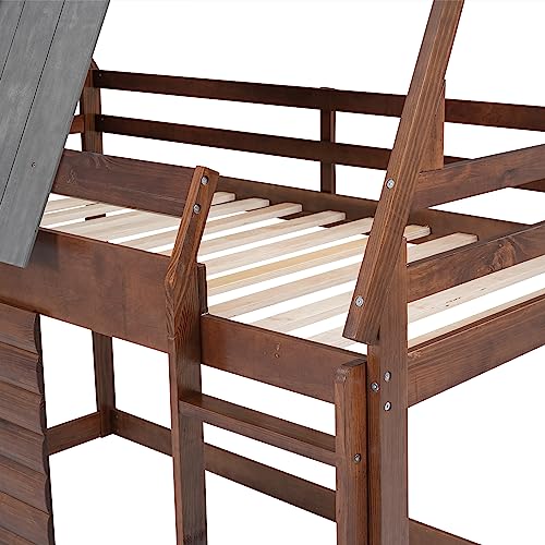 Oak & Smoky Grey Twin Over Twin Wood Bunk Bed with Roof and 2 Windows V40987