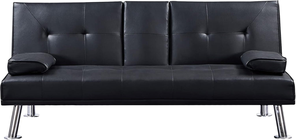 Black Faux Leather Loveseat Sofa Bed with Cup Holders O5302
