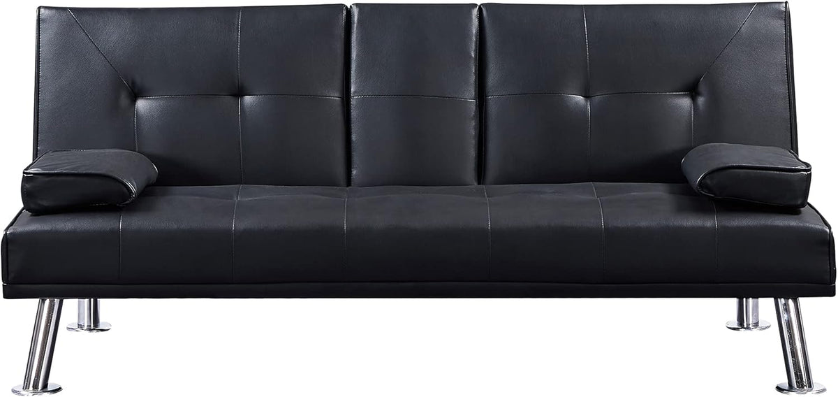 Black Faux Leather Loveseat Sofa Bed with Cup Holders O5302