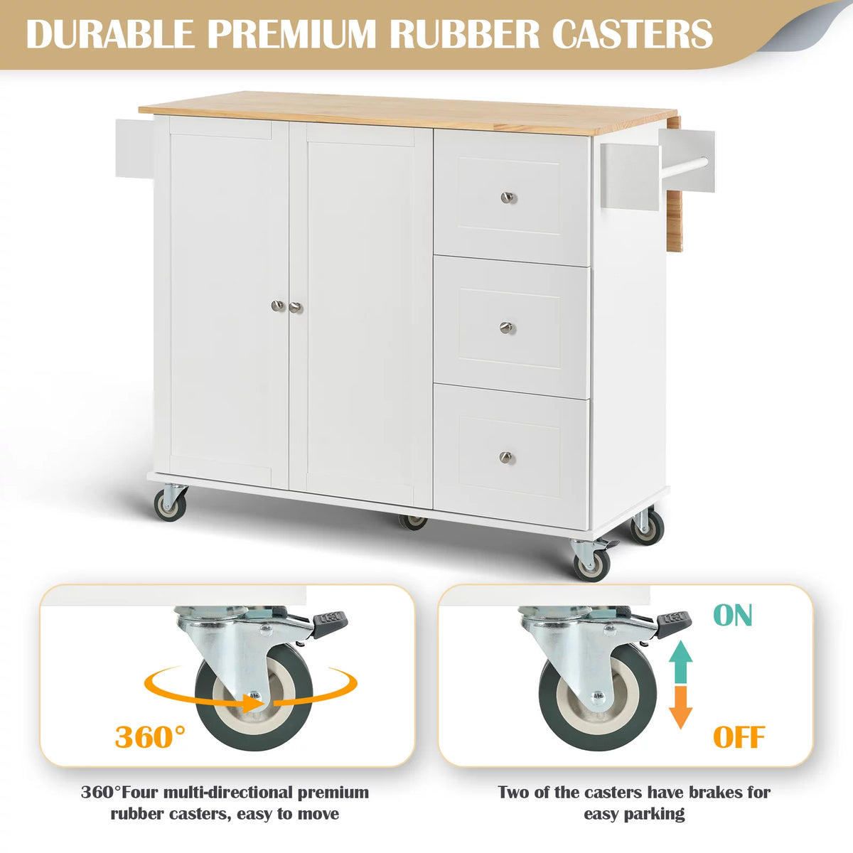 White Portable Kitchen Island with Drop Leaf and Storage R853
