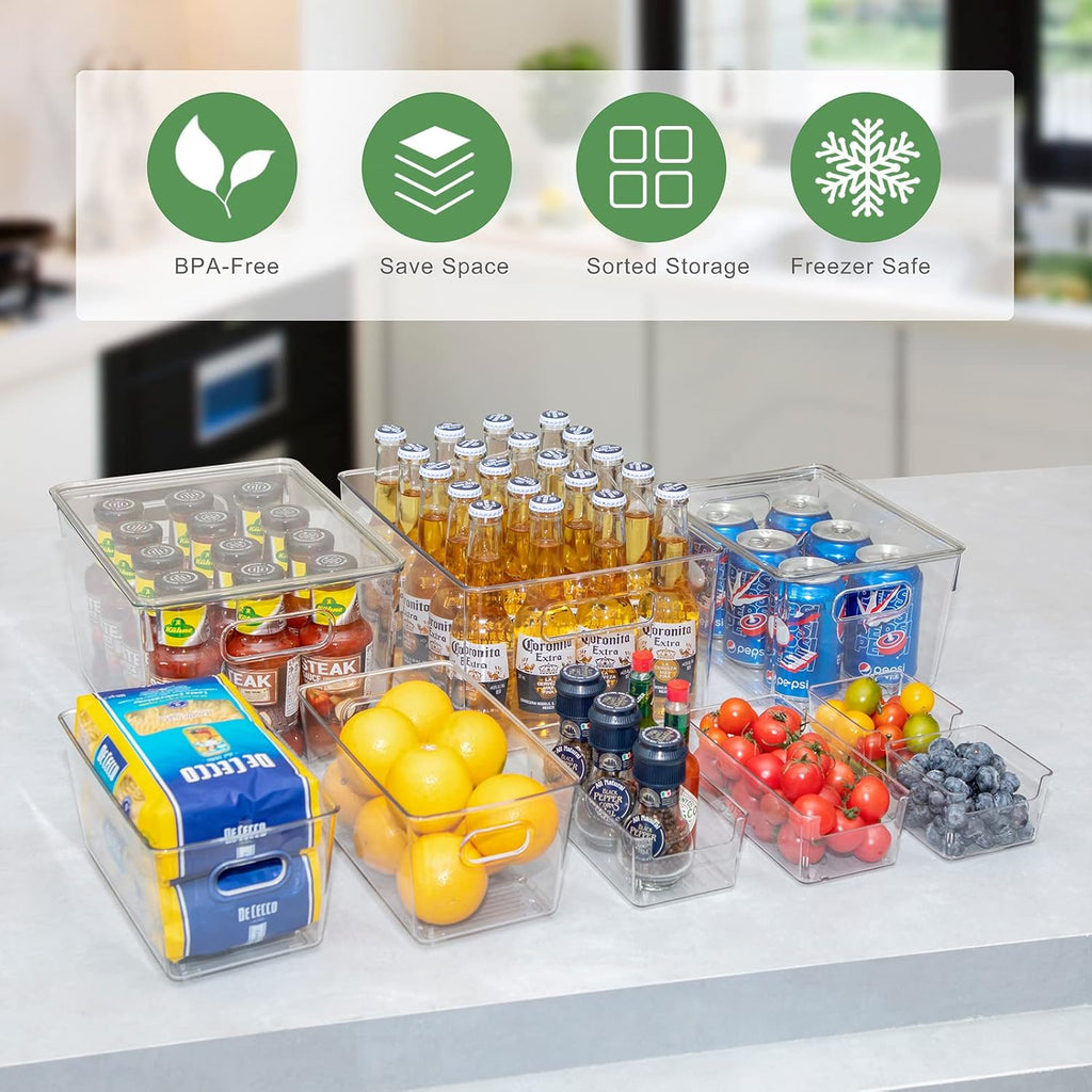Clear Plastic Fridge Storage Bin, 9 PCS Stackable with Lids D944
