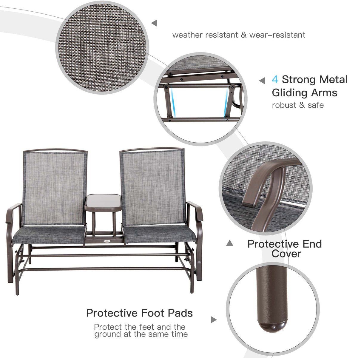 Gray Metal Frame Outdoor Glider Bench with Center Table Q66712