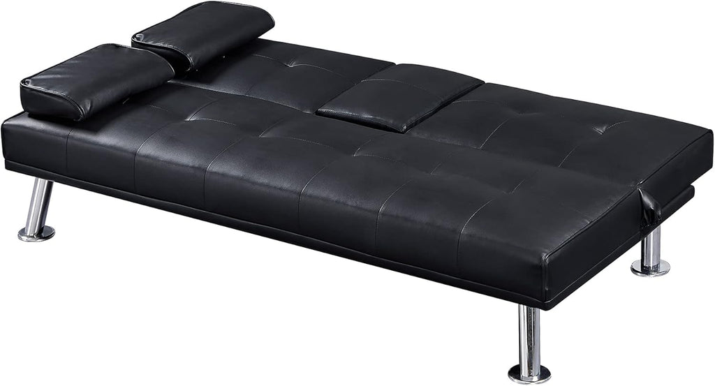 Black Faux Leather Loveseat Sofa Bed with Cup Holders O5302