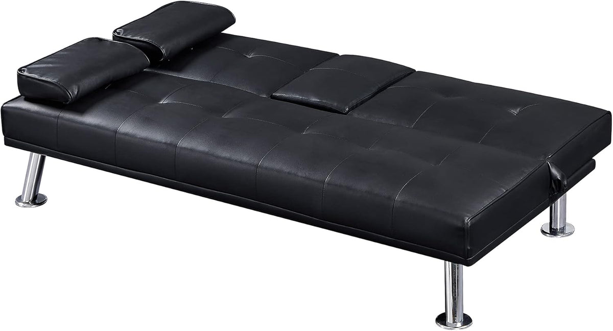 Black Faux Leather Loveseat Sofa Bed with Cup Holders O5302