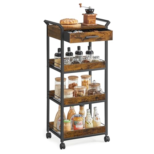 4-Tier Rolling Utility Cart with Table Top, Handles, Lockable Casters, Top Drawer, Mesh Shelves, Rustic Brown and Ink Black G685513