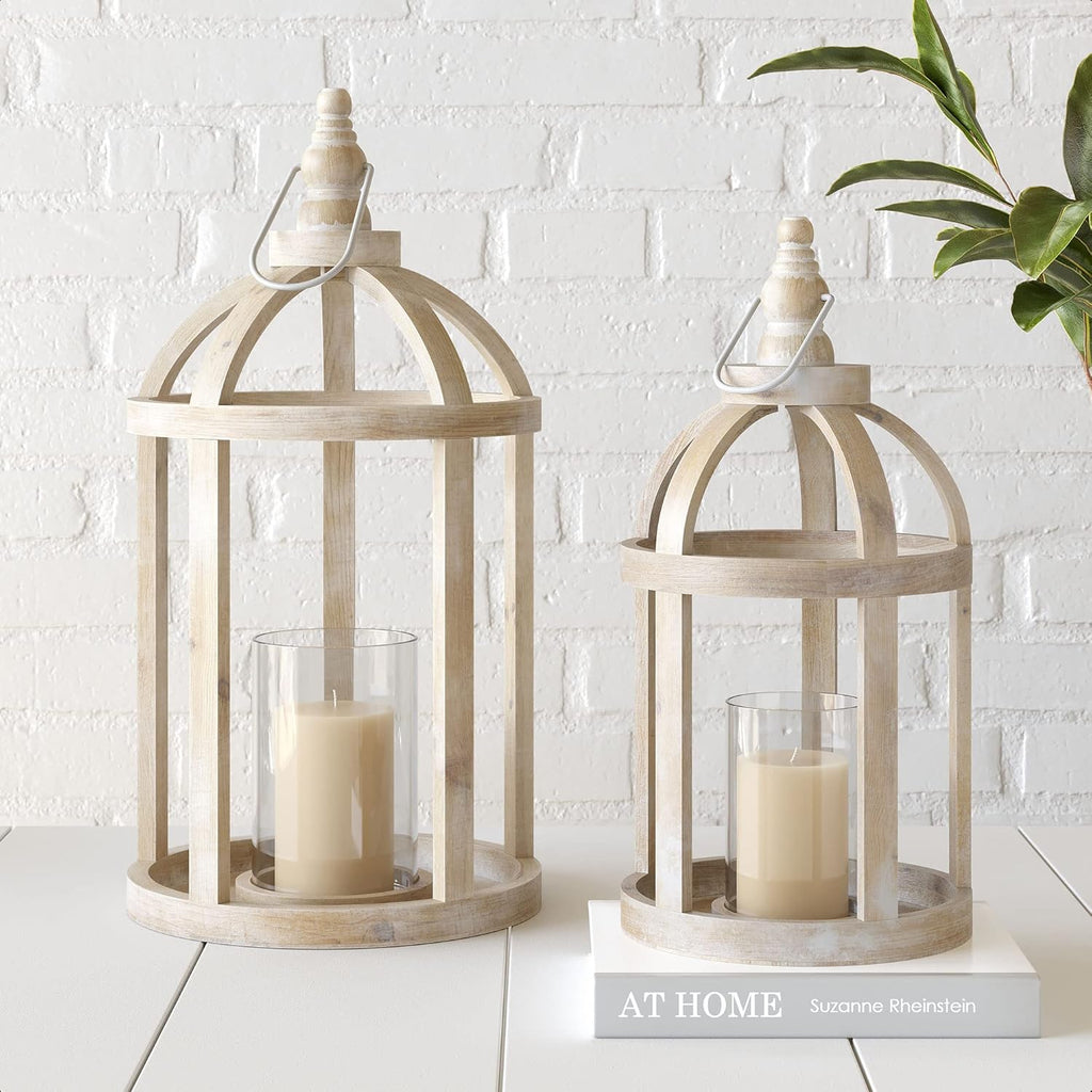 Decorative Wooden Lantern Candle Holders Set of 2 T786