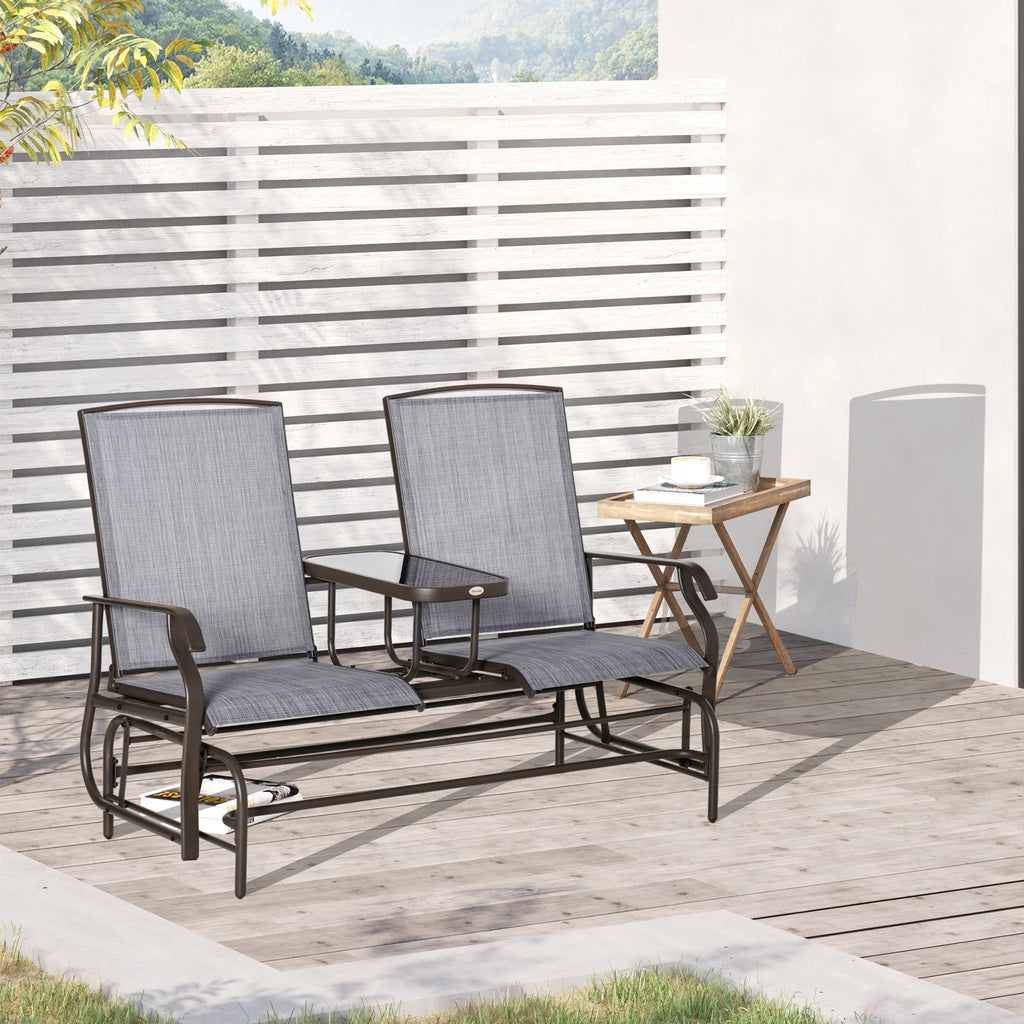 Gray Metal Frame Outdoor Glider Bench with Center Table Q66712