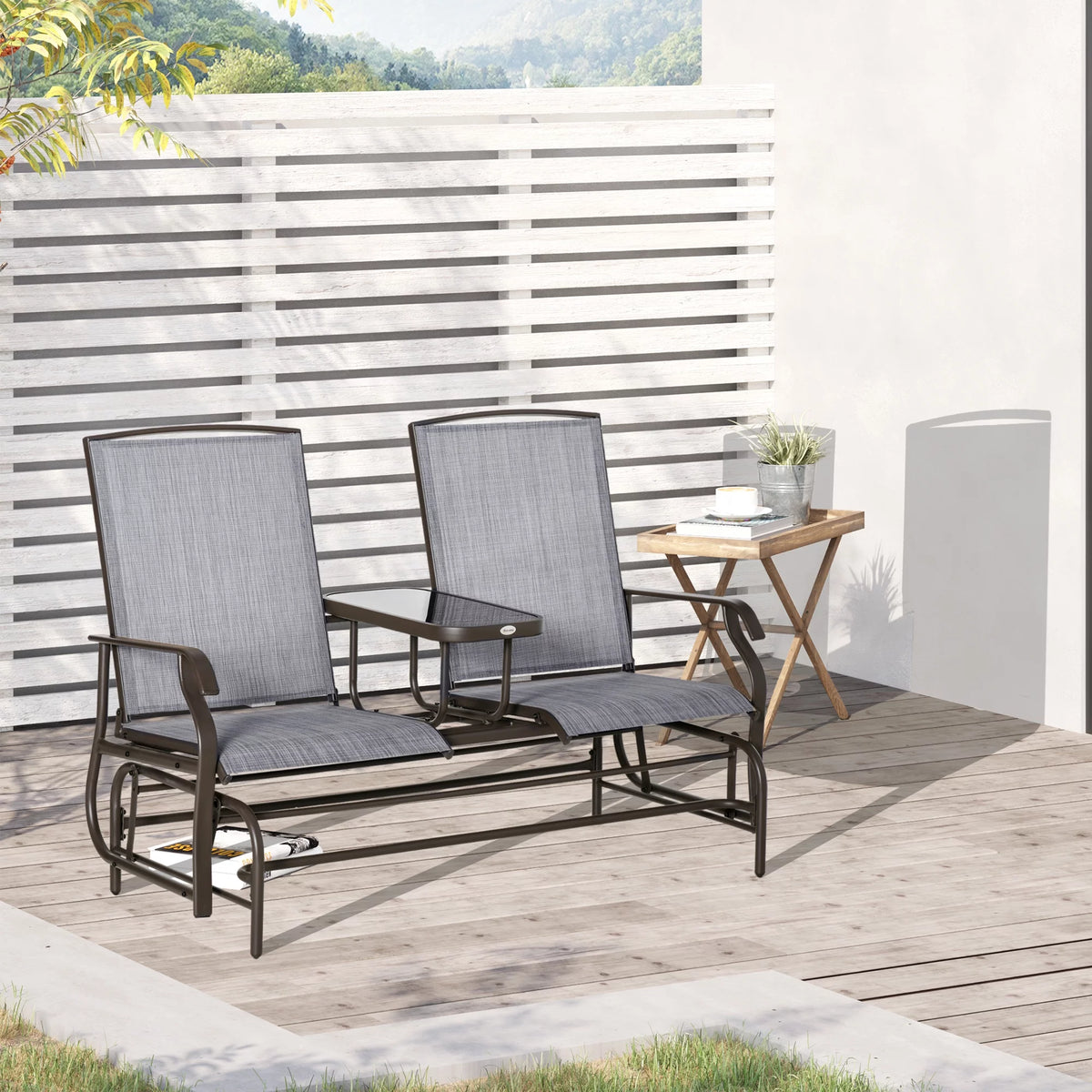 Gray Metal Frame Outdoor Glider Bench with Center Table Q66712