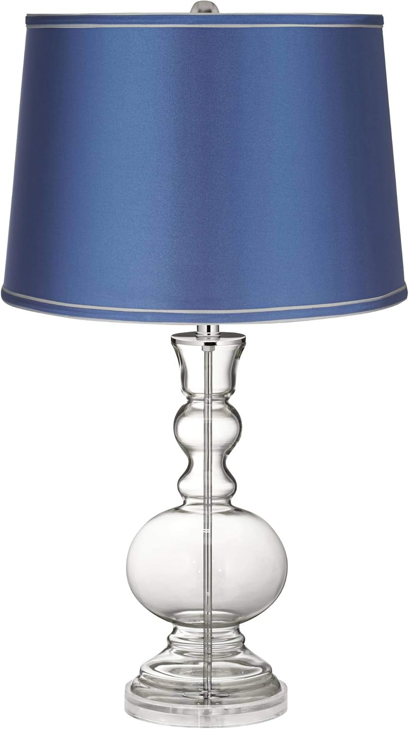 Clear Glass Table Lamp with Blue Satin Drum Shade V88931