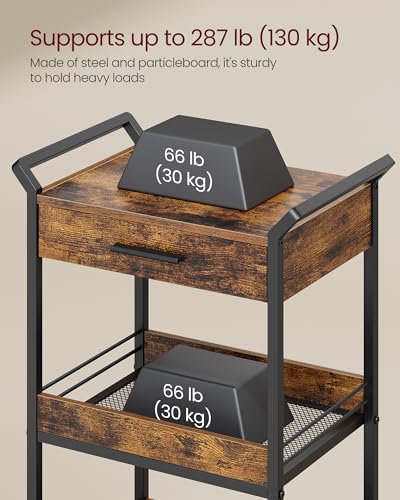 4-Tier Rolling Utility Cart with Table Top, Handles, Lockable Casters, Top Drawer, Mesh Shelves, Rustic Brown and Ink Black G685513