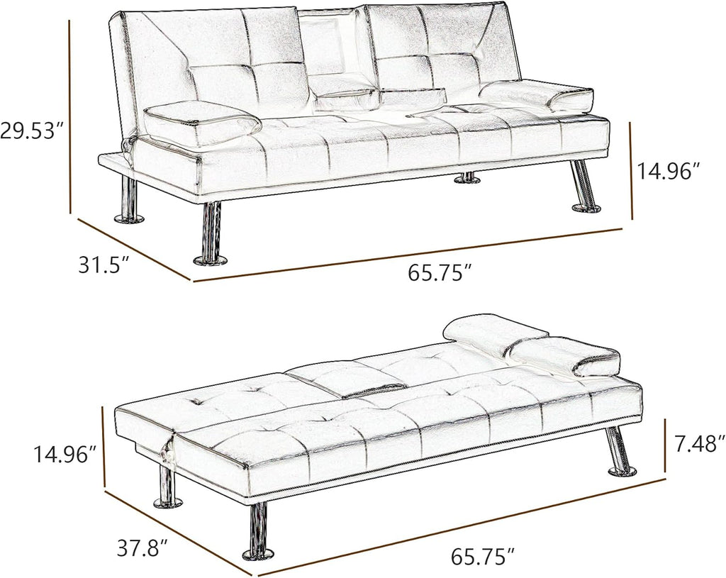 Black Faux Leather Loveseat Sofa Bed with Cup Holders O5302