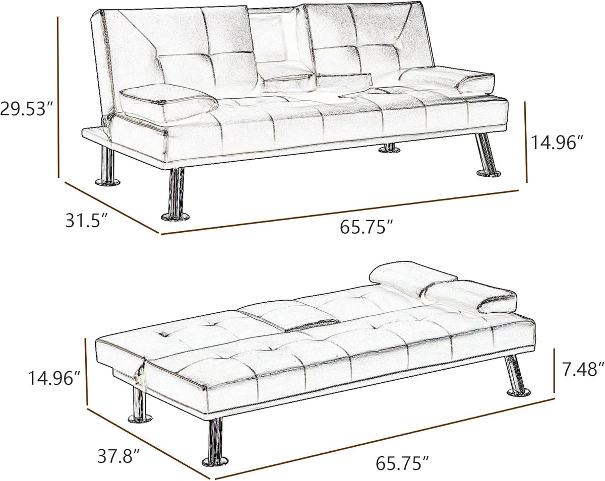 Black Faux Leather Loveseat Sofa Bed with Cup Holders O5302
