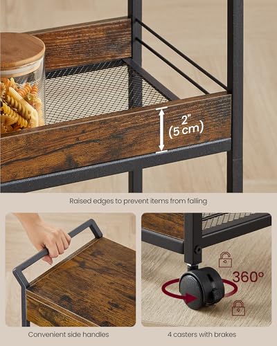 4-Tier Rolling Utility Cart with Table Top, Handles, Lockable Casters, Top Drawer, Mesh Shelves, Rustic Brown and Ink Black G685513
