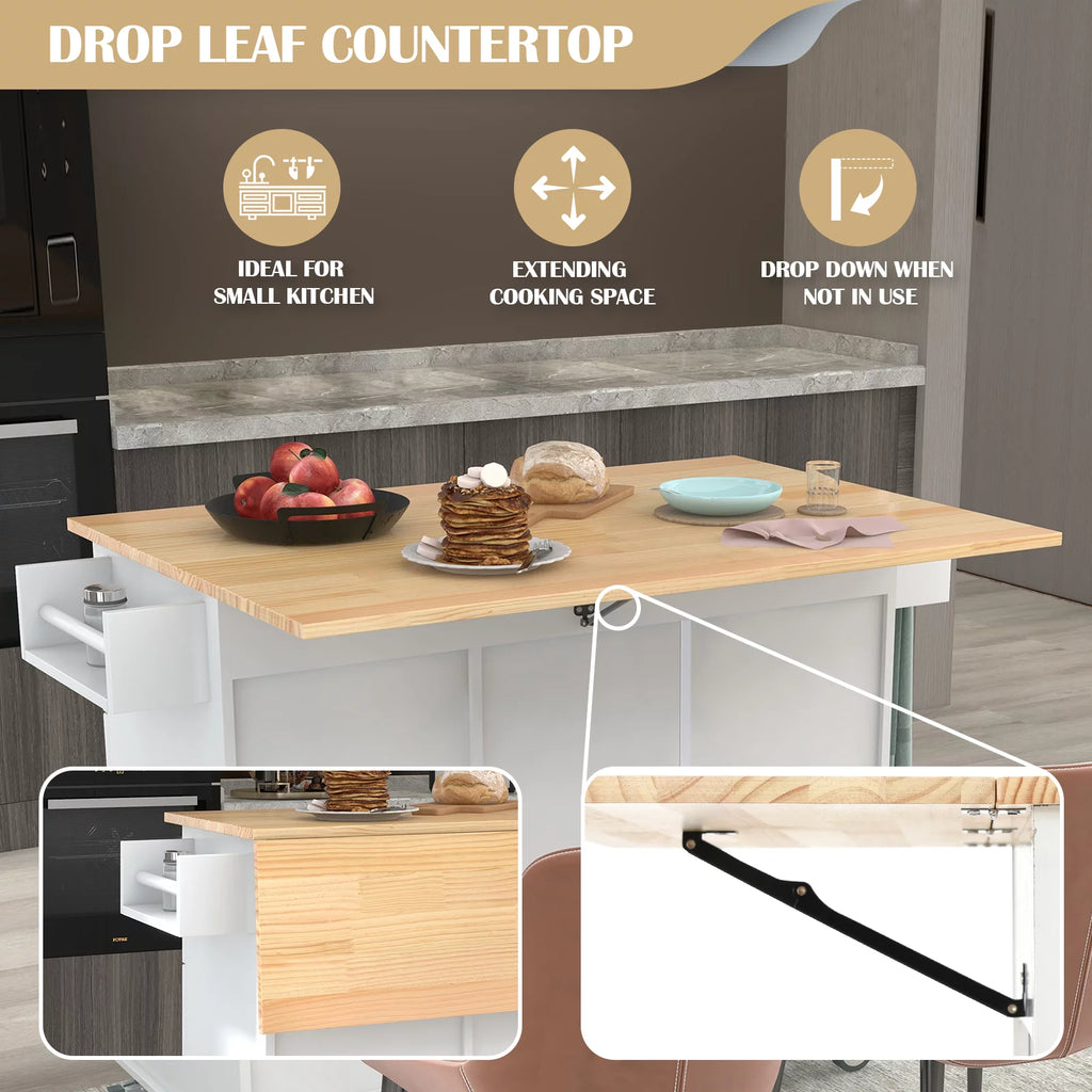 White Portable Kitchen Island with Drop Leaf and Storage R853