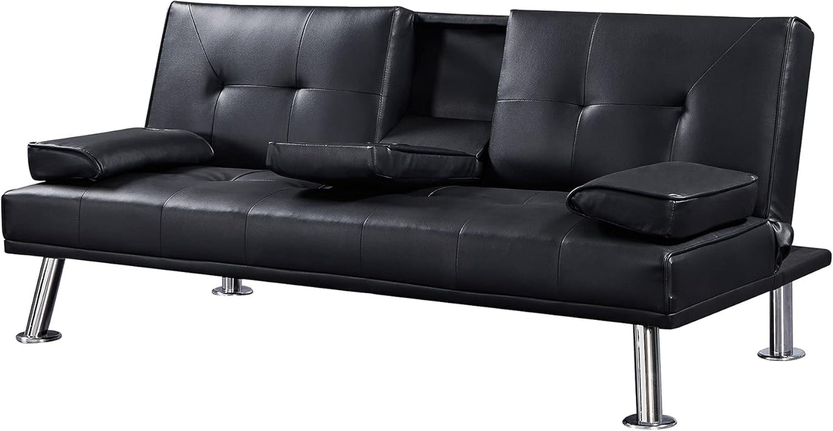 Black Faux Leather Loveseat Sofa Bed with Cup Holders O5302