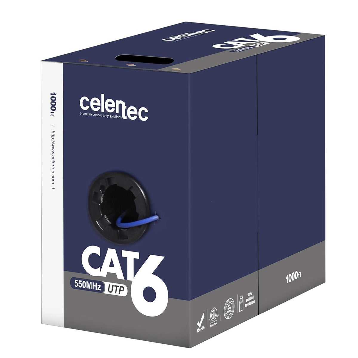CAT6 Ethernet Cable, 1000ft, 23AWG Solid Bare Copper, UTP, CMR Riser Rated, Blue U87800