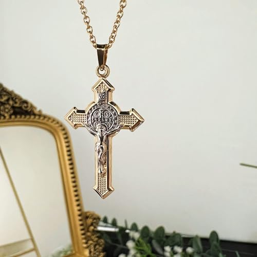 14k Two Tone Gold Saint Benedict Crucifix Cross Reversible Pendant M770822