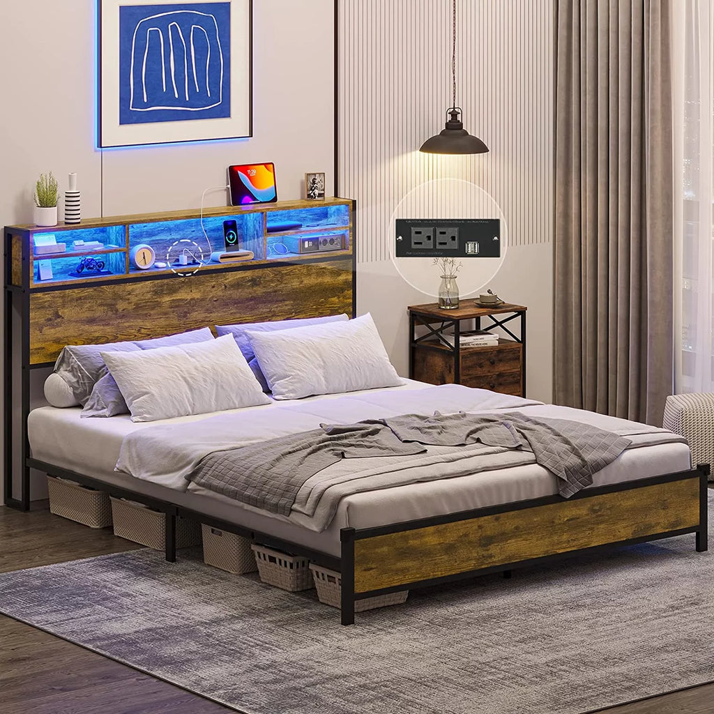 Rustic Brown Full Size Metal Platform Bed Frame with LED Headboard and USB Ports Z504032