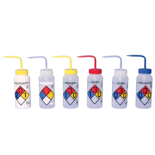 4-Color Wide-Mouth Wash Bottles, 500ml (16oz), Polyethylene, Pack of 4 Z70259