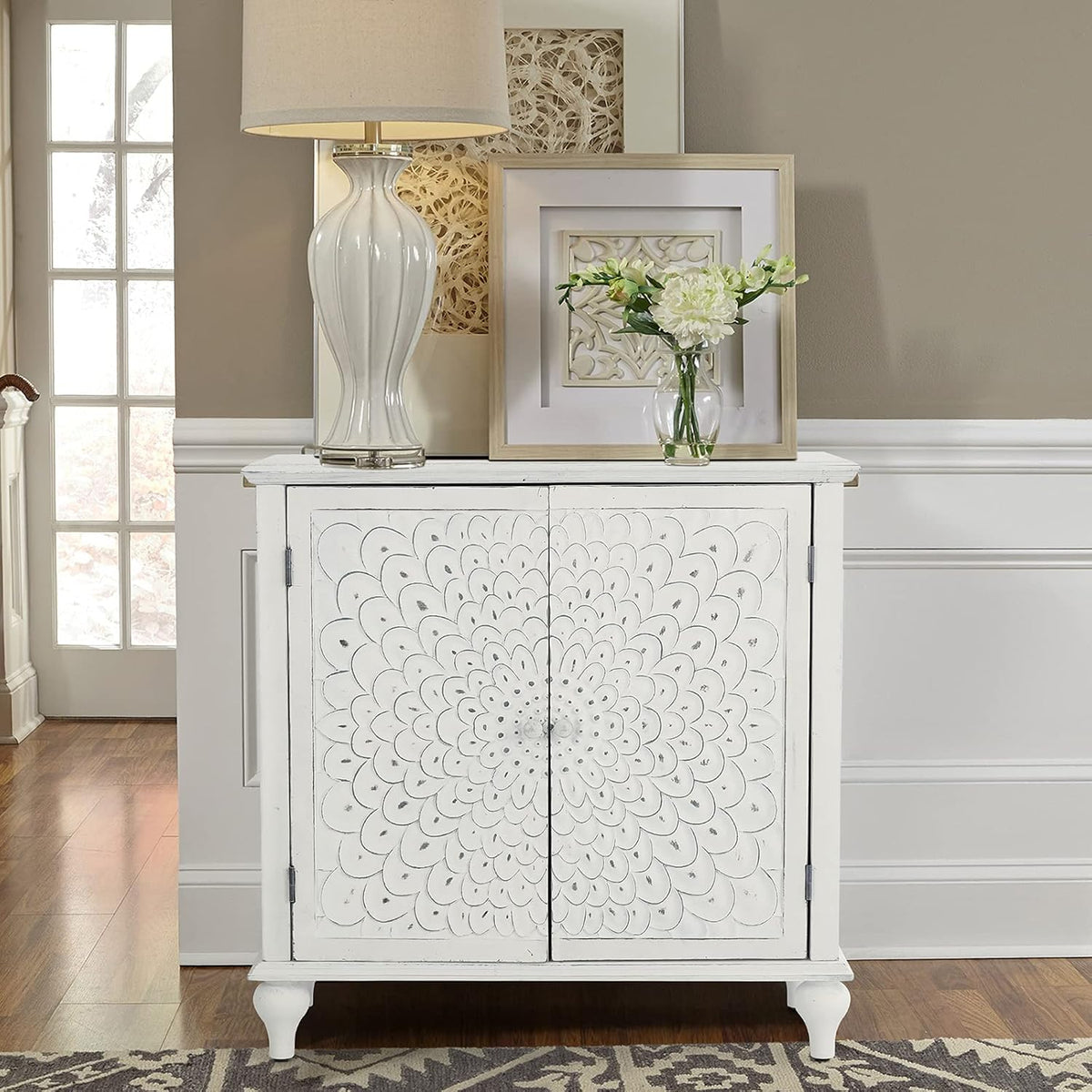 White Buffet & Sideboard Storage Cabinet with 2 Doors, Carved Pattern Doors D80692